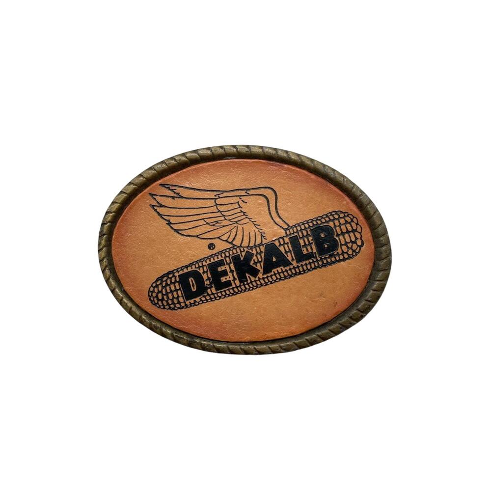 Dekalb Brown Belt Buckle Leather Metal Spec Cast Rockford Illinois‎ - Size